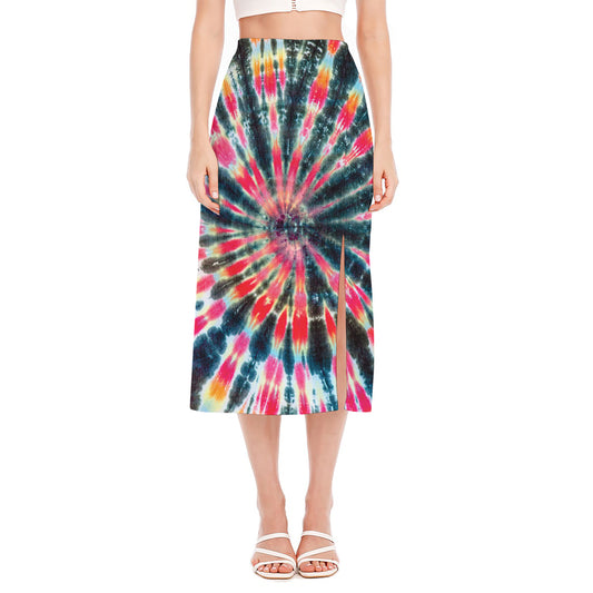 Black Backed Tie Dye Print Side Slit Midi Skirt