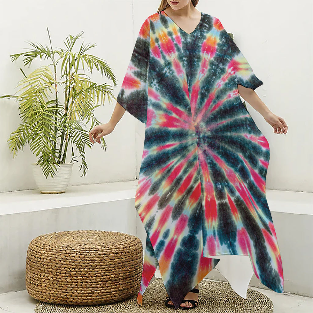 Black Backed Tie Dye Print Silk V-Neck Kaftan Dress