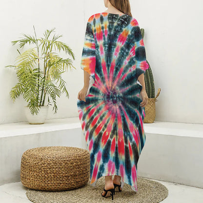 Black Backed Tie Dye Print Silk V-Neck Kaftan Dress