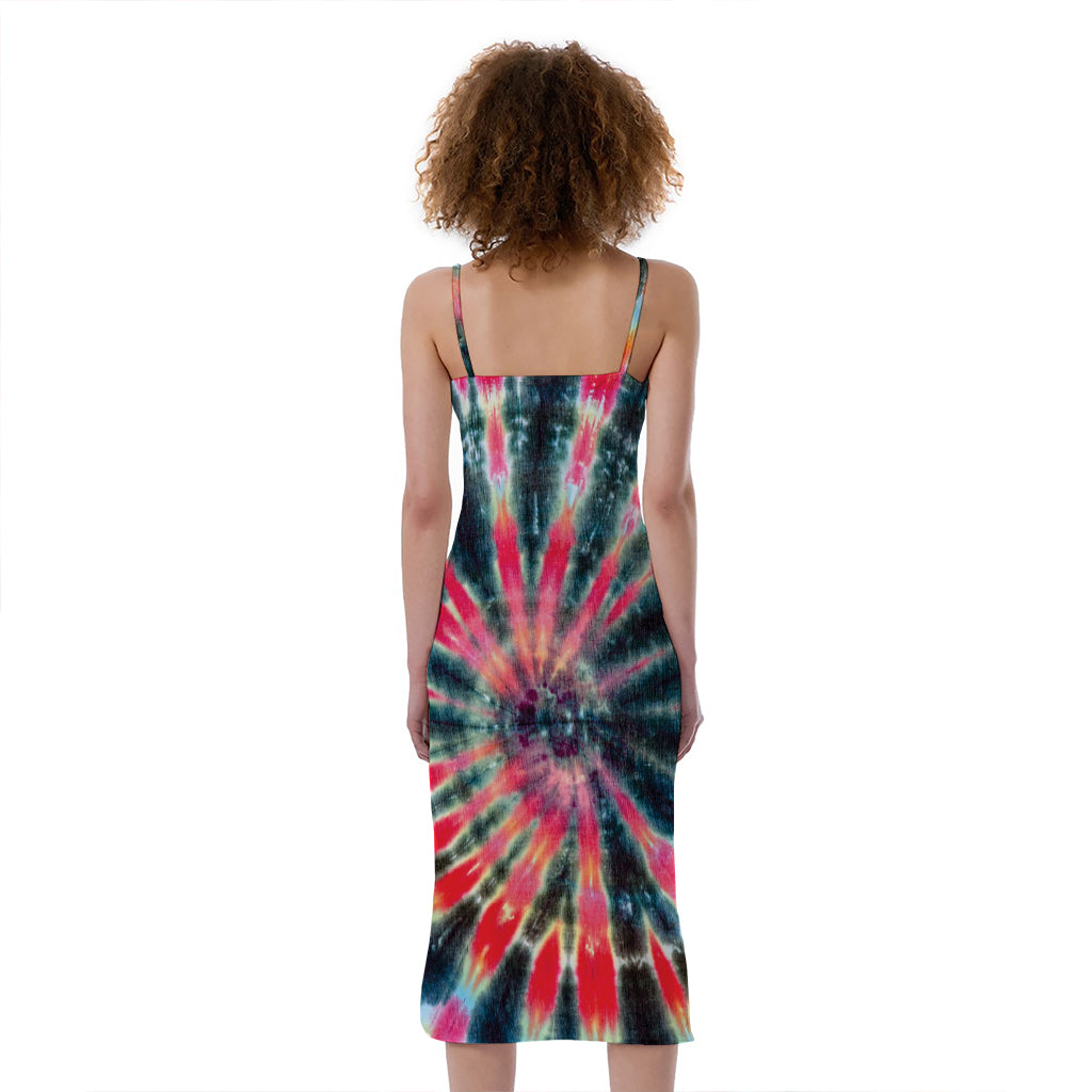 Black Backed Tie Dye Print Slim Fit Midi Cami Dress