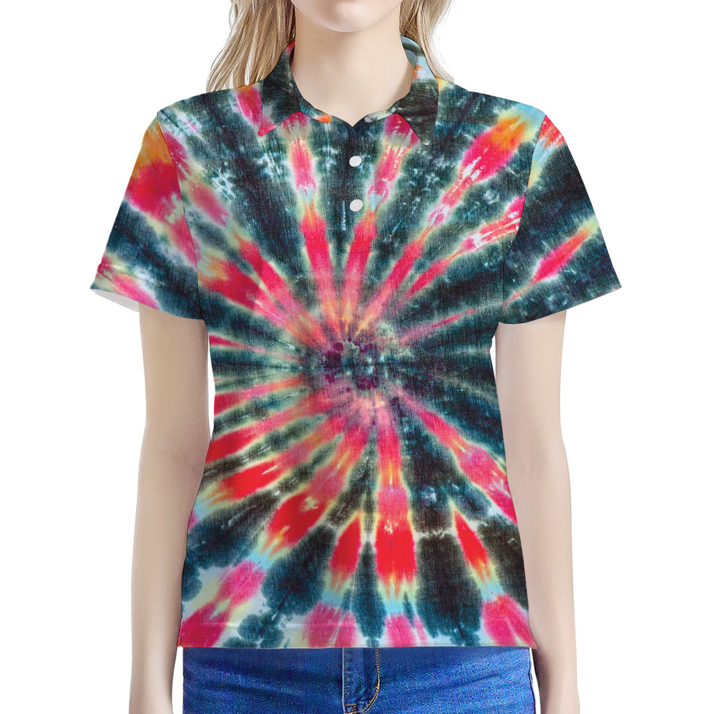 Black Backed Tie Dye Print Women's Polo Shirt