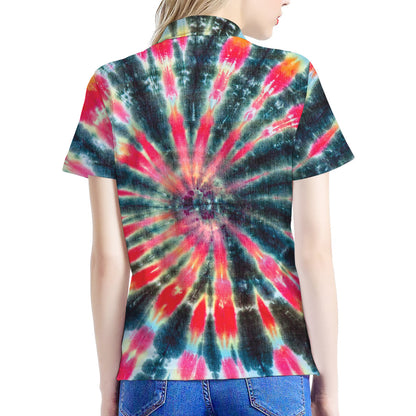 Black Backed Tie Dye Print Women's Polo Shirt