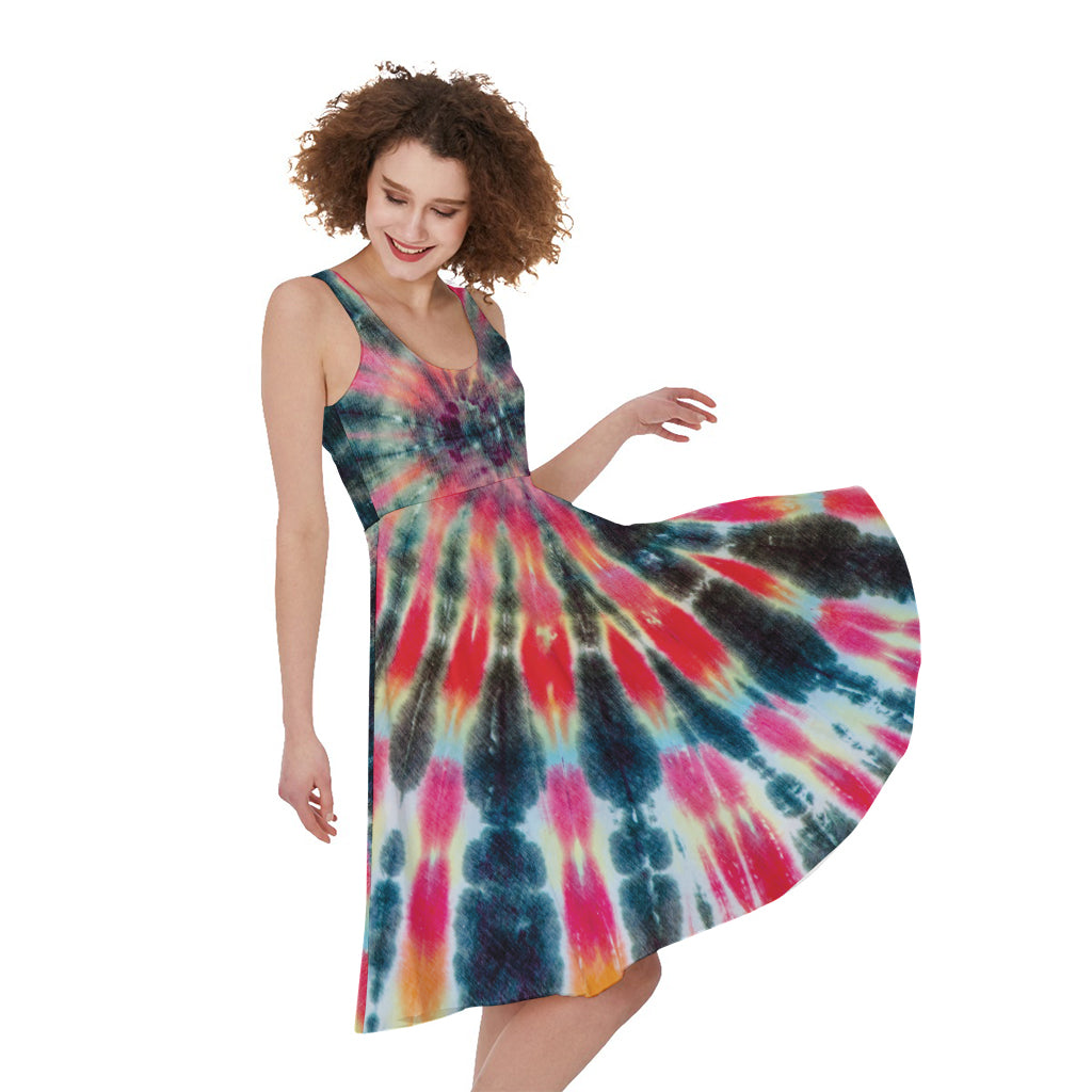 Black Backed Tie Dye Print Women's Sleeveless Dress