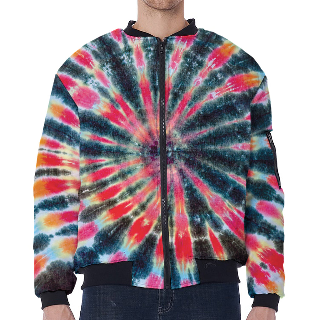 Black Backed Tie Dye Print Zip Sleeve Bomber Jacket