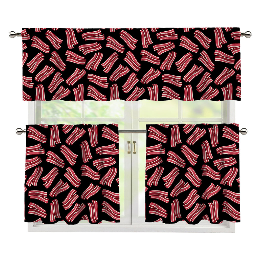 Black Bacon Pattern Print 3 Piece Kitchen Curtains
