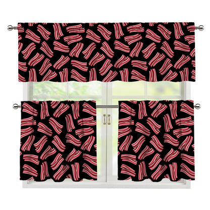 Black Bacon Pattern Print 3 Piece Kitchen Curtains