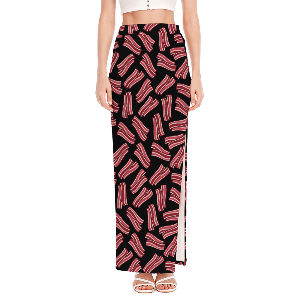 Black Bacon Pattern Print High Slit Maxi Skirt