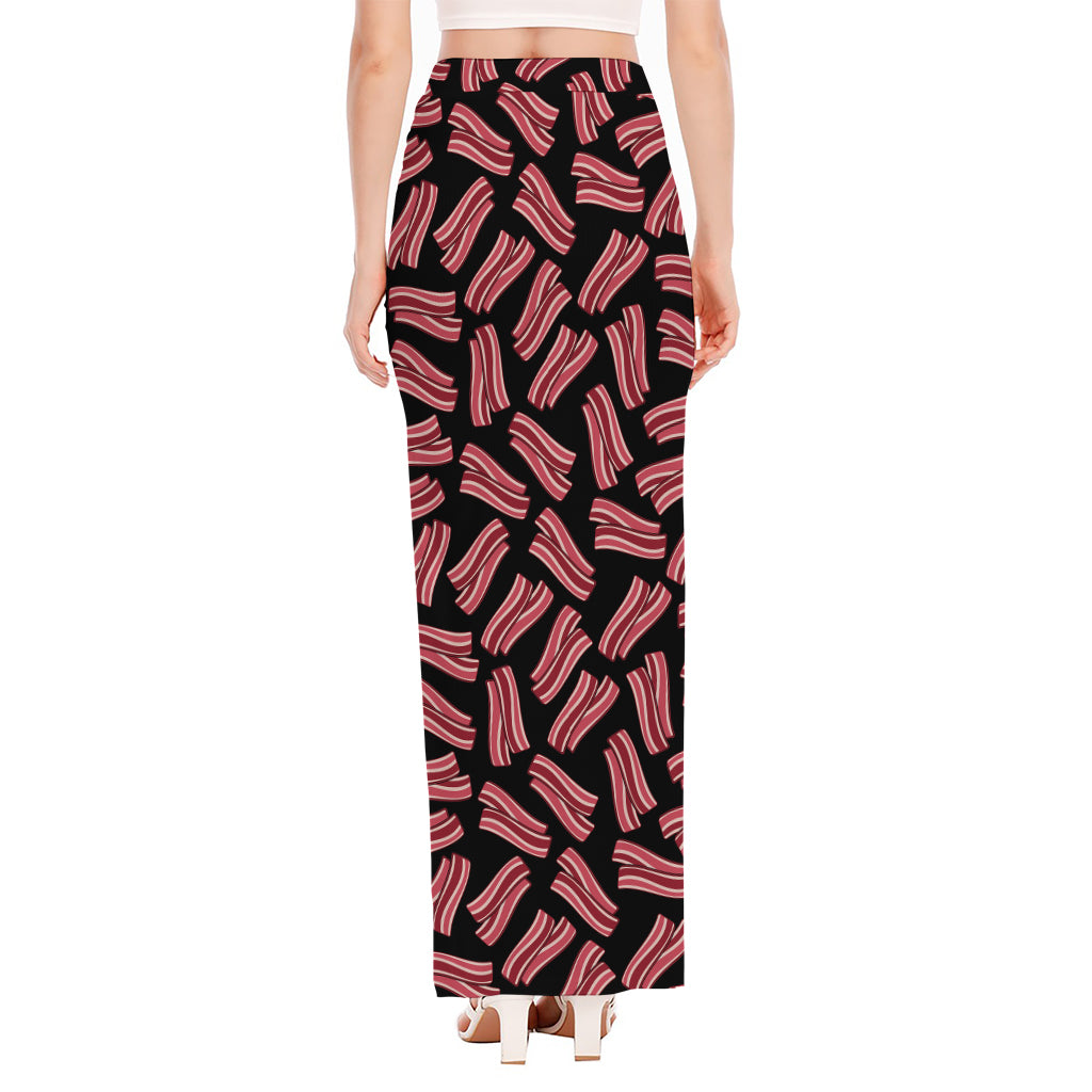 Black Bacon Pattern Print High Slit Maxi Skirt