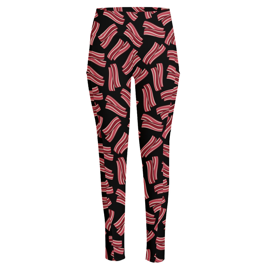 Black Bacon Pattern Print High-Waisted Pocket Leggings