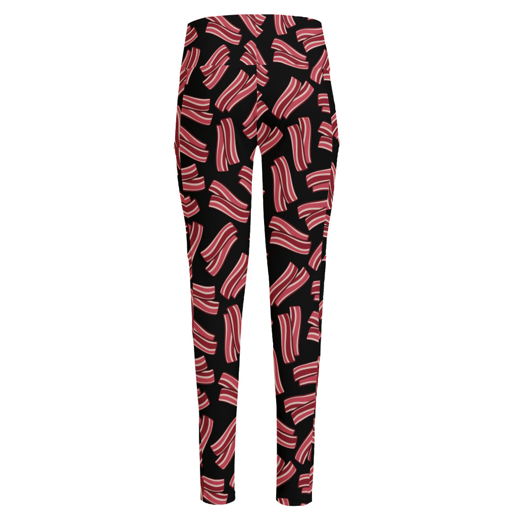 Black Bacon Pattern Print High-Waisted Pocket Leggings