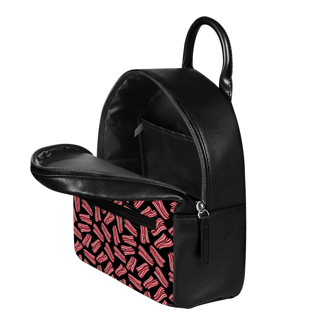 Black Bacon Pattern Print Leather Backpack