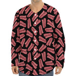 Black Bacon Pattern Print Long Sleeve Baseball Jersey