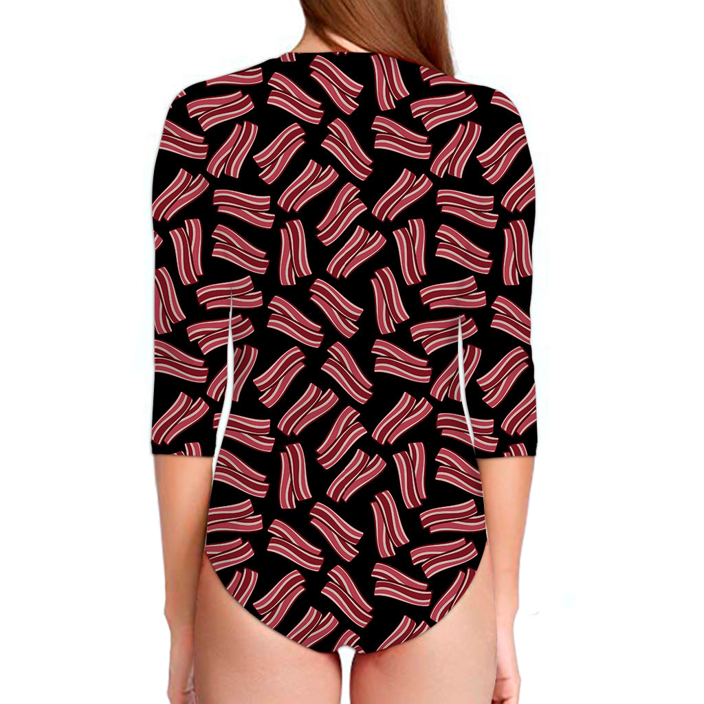 Black Bacon Pattern Print Long Sleeve Swimsuit