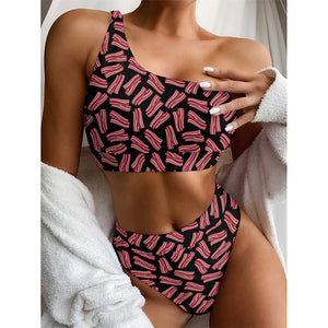 Black Bacon Pattern Print One Shoulder Bikini Top