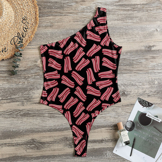 Black Bacon Pattern Print One Shoulder Bodysuit