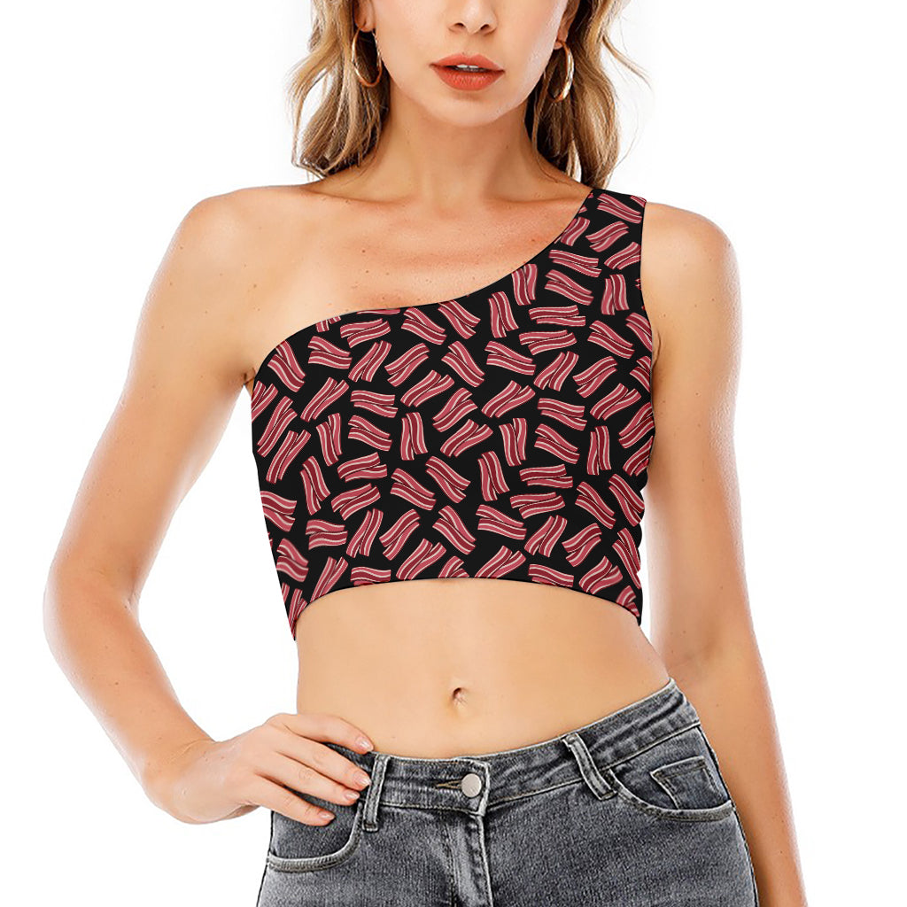 Black Bacon Pattern Print One Shoulder Crop Top