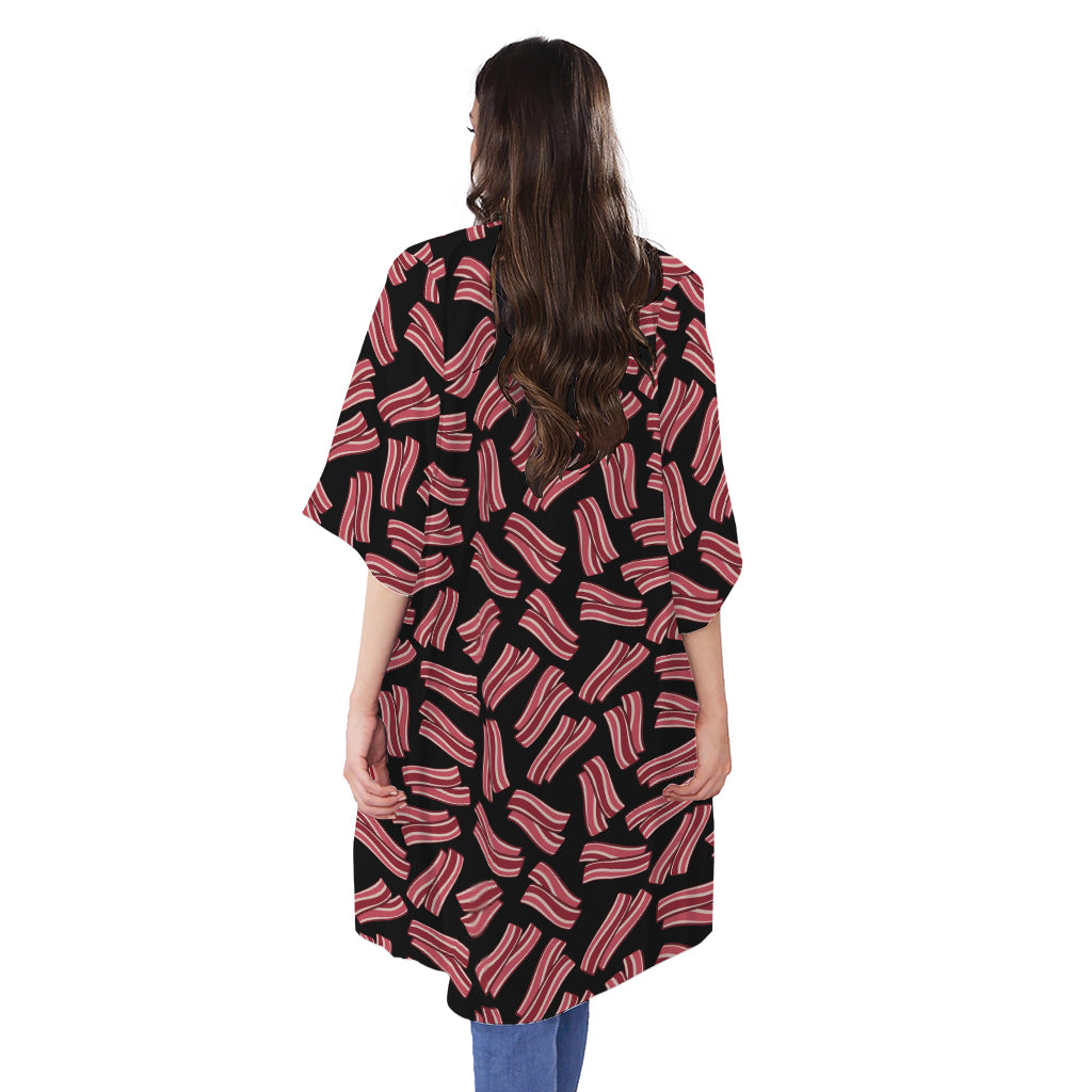 Black Bacon Pattern Print Open Front Beach Cover Up