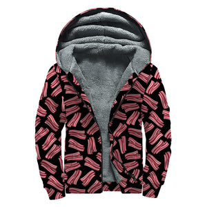 Black Bacon Pattern Print Sherpa Lined Zip Up Hoodie