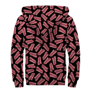 Black Bacon Pattern Print Sherpa Lined Zip Up Hoodie