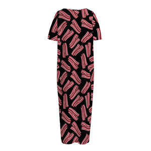 Black Bacon Pattern Print Short Sleeve Long Nightdress