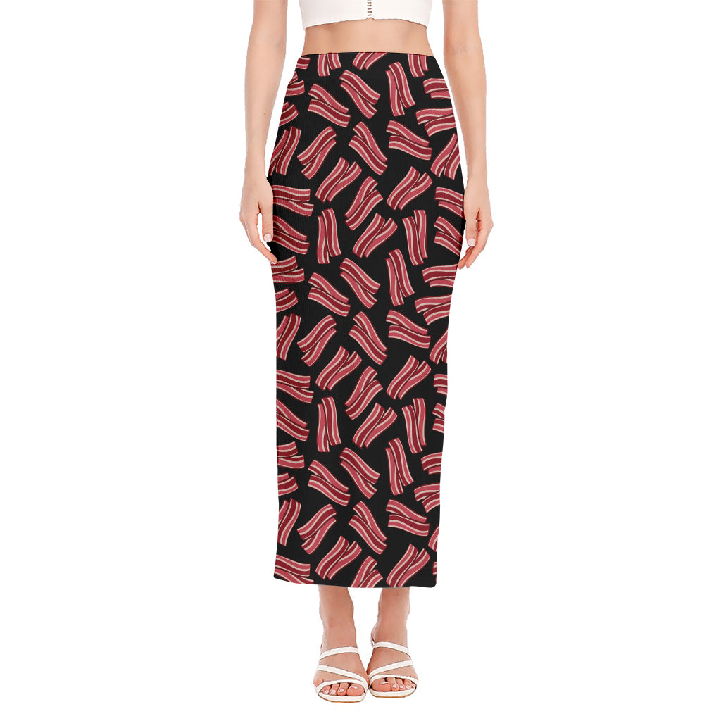 Black Bacon Pattern Print Side Slit Maxi Skirt