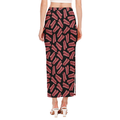 Black Bacon Pattern Print Side Slit Maxi Skirt