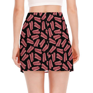 Black Bacon Pattern Print Side Slit Mini Skirt