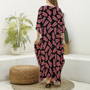 Black Bacon Pattern Print Silk V-Neck Kaftan Dress