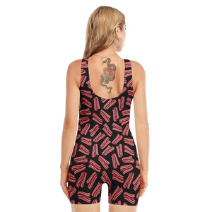 Black Bacon Pattern Print Sleeveless One Piece Swimsuit