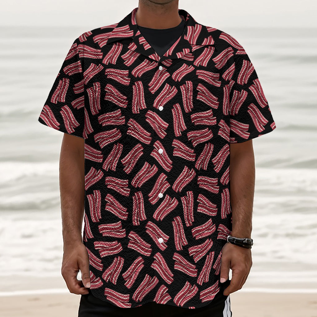 Black Bacon Pattern Print Textured Short Sleeve Shirt