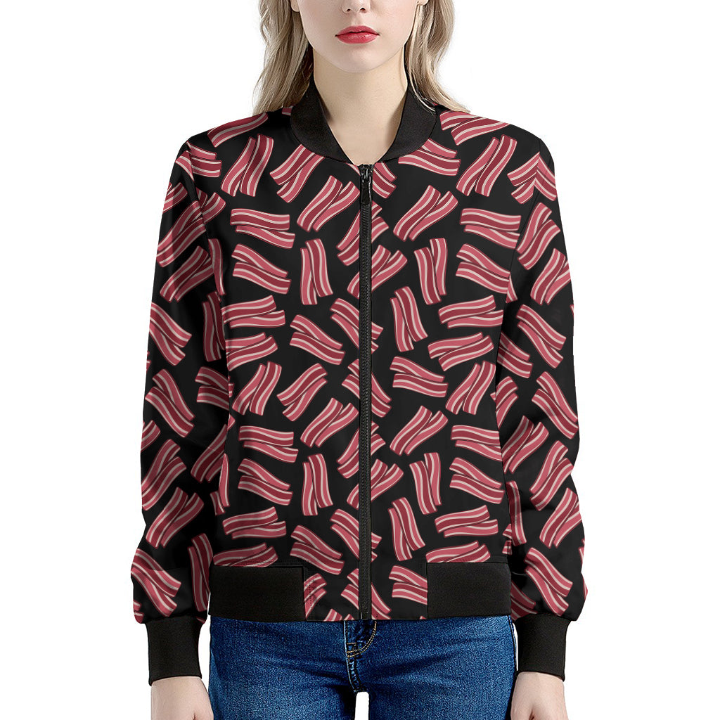 Black Bacon Pattern Print Women's Bomber Jacket