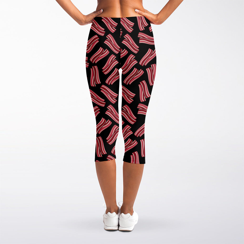 Black Bacon Pattern Print Women's Capri Leggings