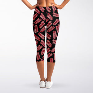 Black Bacon Pattern Print Women's Capri Leggings