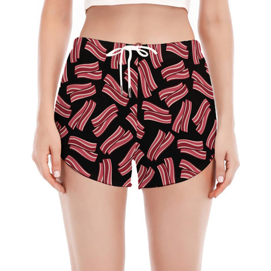 Black Bacon Pattern Print Women's Split Running Shorts