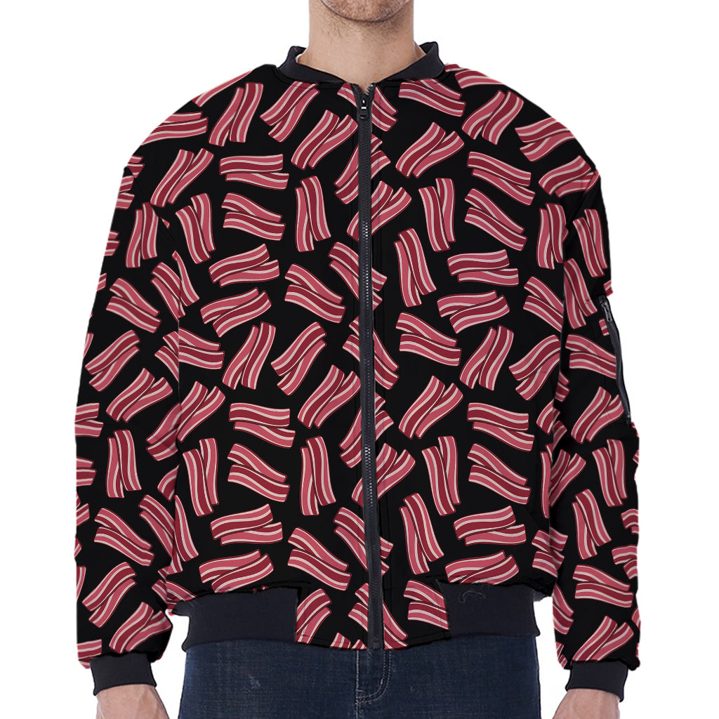 Black Bacon Pattern Print Zip Sleeve Bomber Jacket