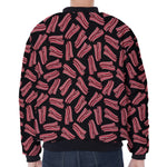 Black Bacon Pattern Print Zip Sleeve Bomber Jacket