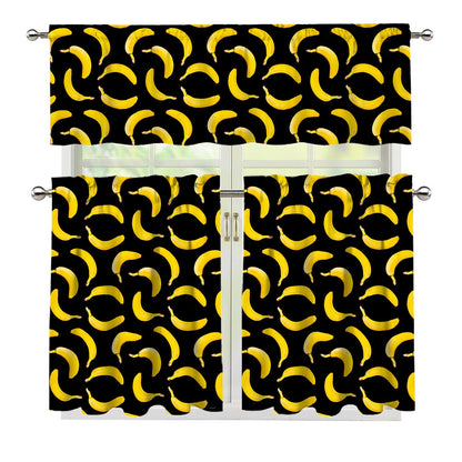 Black Banana Pattern Print 3 Piece Kitchen Curtains