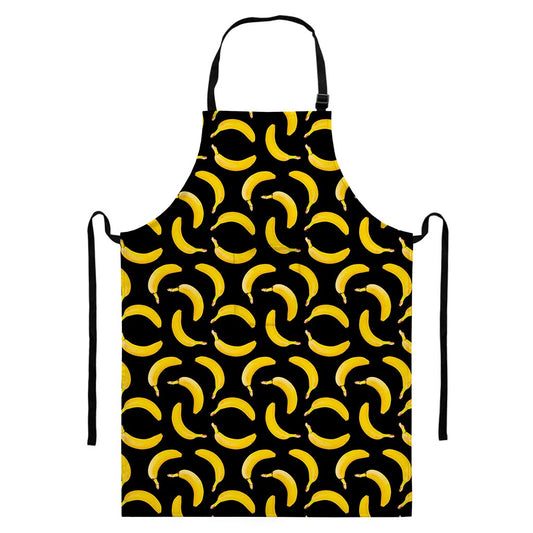 Black Banana Pattern Print Bib Apron With Pocket