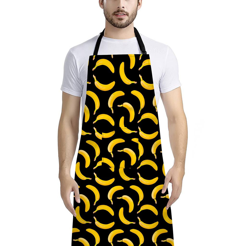 Black Banana Pattern Print Bib Apron With Pocket