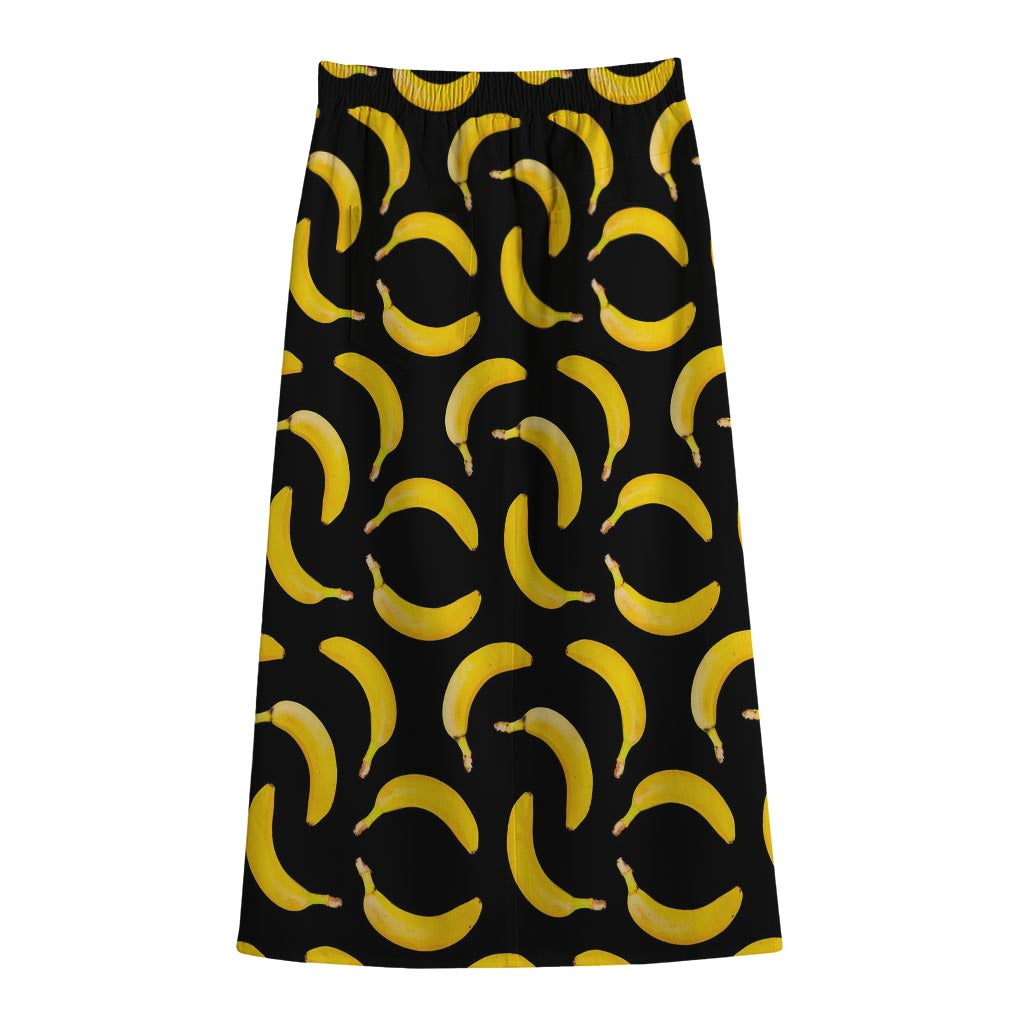 Black Banana Pattern Print Cotton Front Slit Maxi Skirt