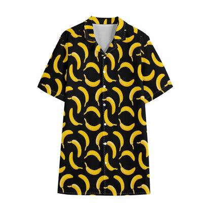 Black Banana Pattern Print Cotton Hawaiian Shirt