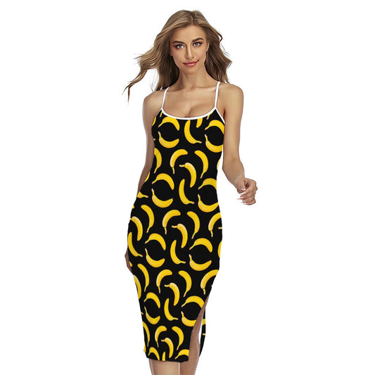 Black Banana Pattern Print Cross Back Cami Dress