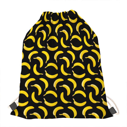 Black Banana Pattern Print Drawstring Bag