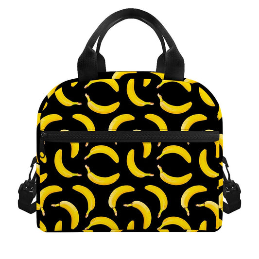 Black Banana Pattern Print Insulated Lunch Bag