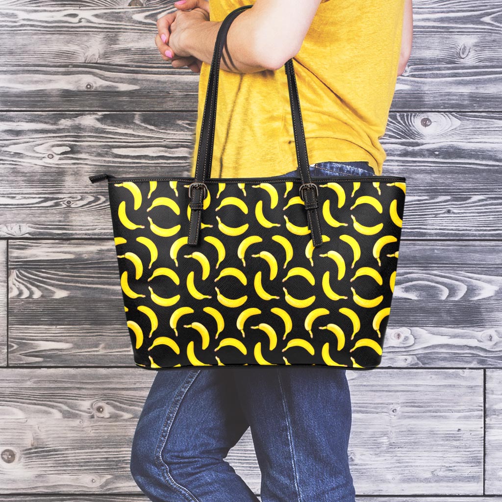 Black Banana Pattern Print Leather Tote Bag
