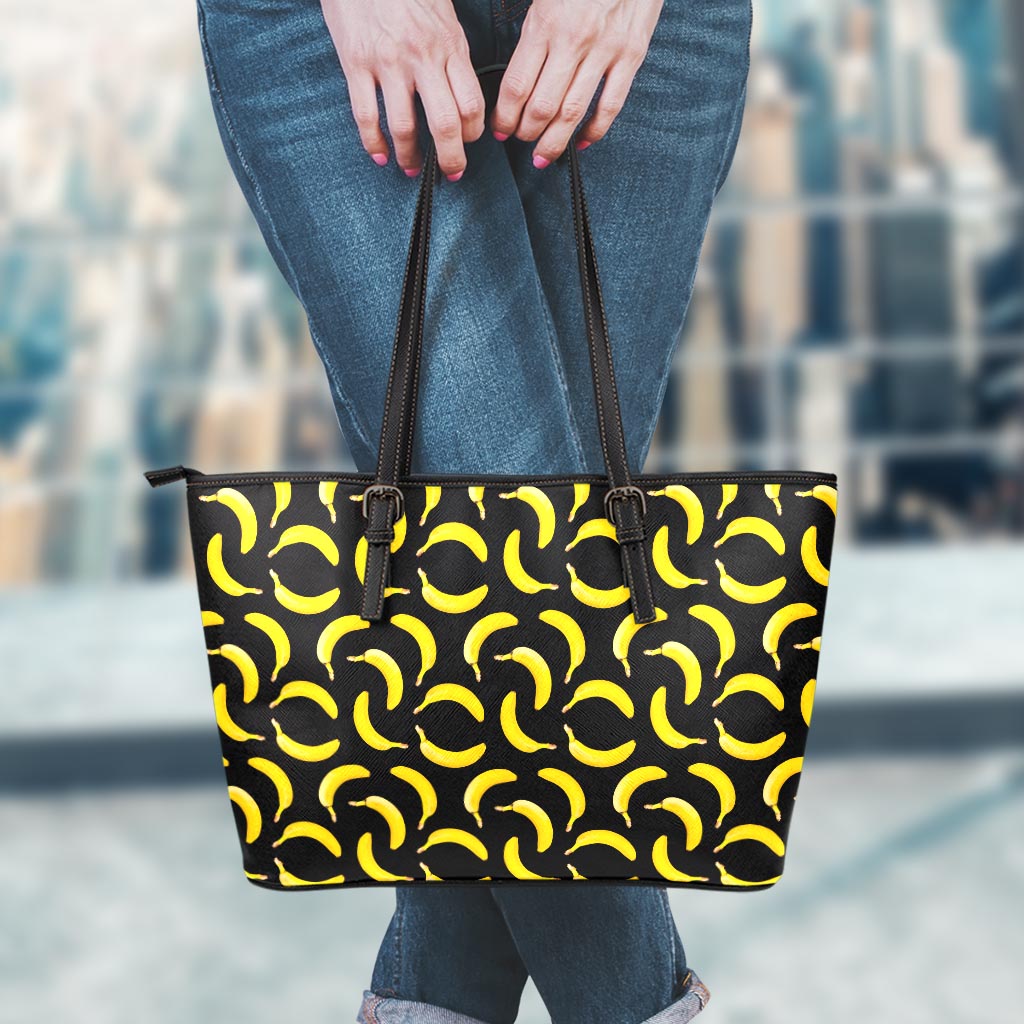 Black Banana Pattern Print Leather Tote Bag