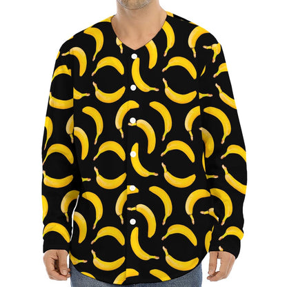 Black Banana Pattern Print Long Sleeve Baseball Jersey