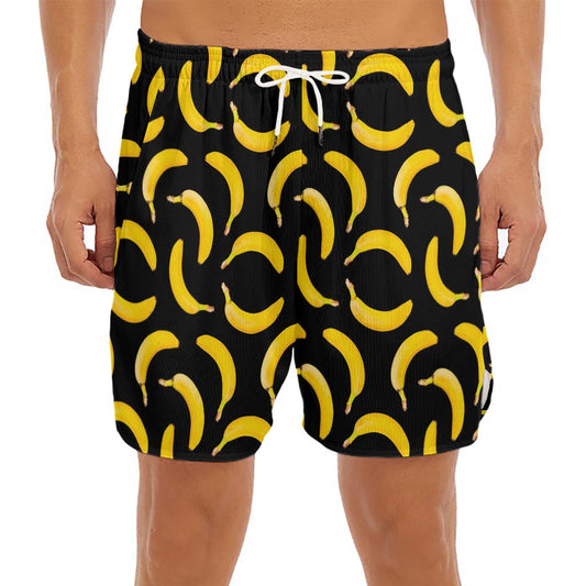 Black Banana Pattern Print Men's Split Running Shorts