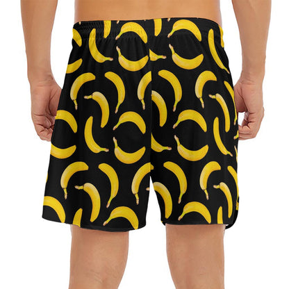 Black Banana Pattern Print Men's Split Running Shorts