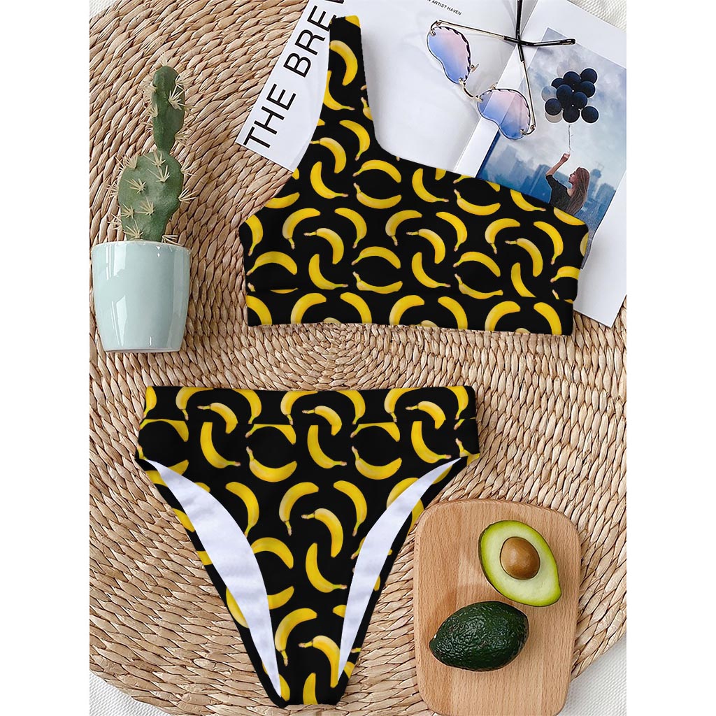 Black Banana Pattern Print One Shoulder Bikini Top